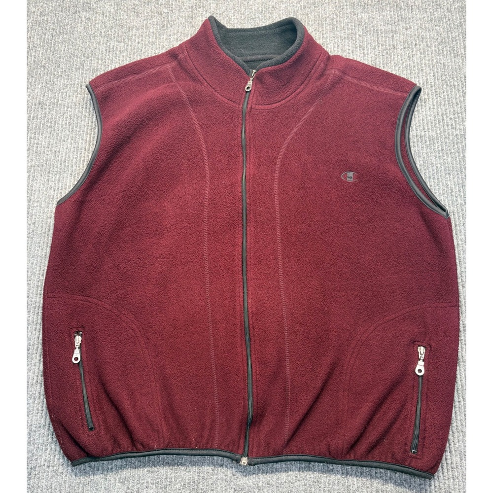Champion Mens Fleece Vest Maroon Burgundy Full Zip Mock Neck Logo XXL